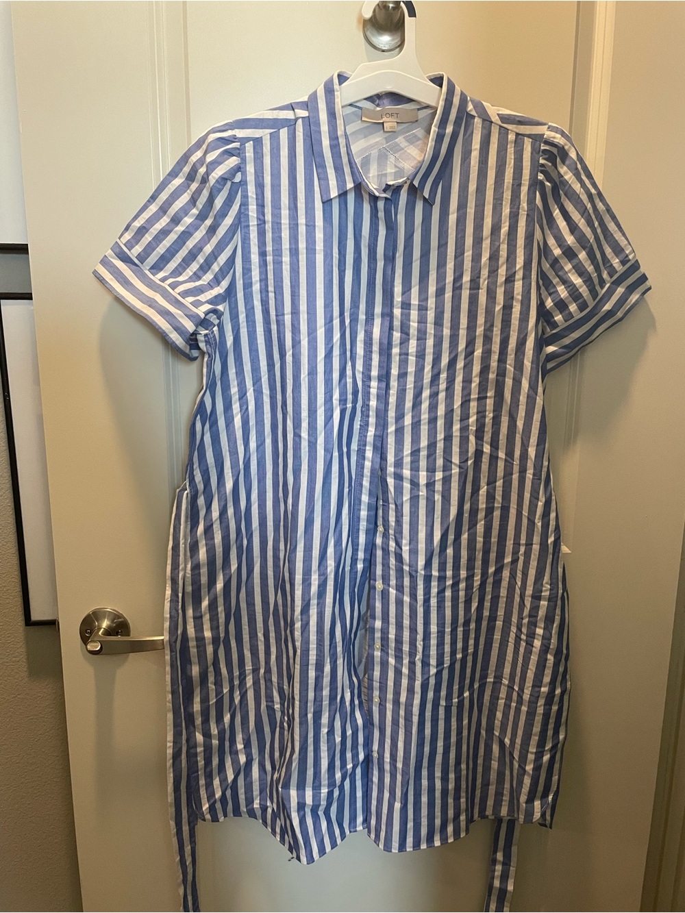 LOFT Striped Button-Front Shirt Dress in Blue and White
